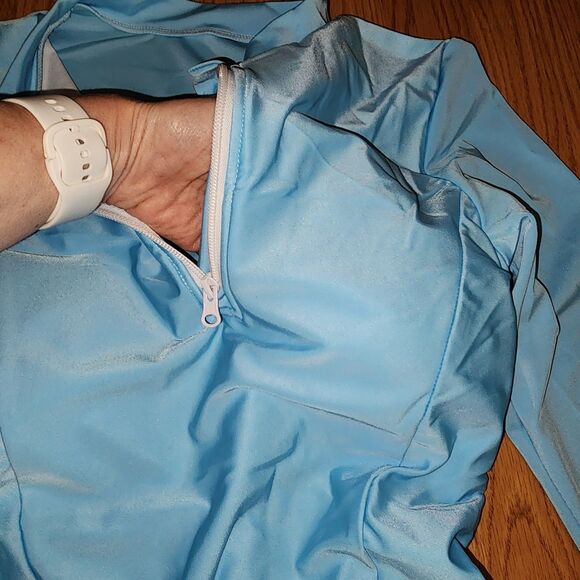 Womens  Blue Rashguard Long Sleeve Top With Black Bikini Bottom Sz L UFP Beach - Picture 12 of 16